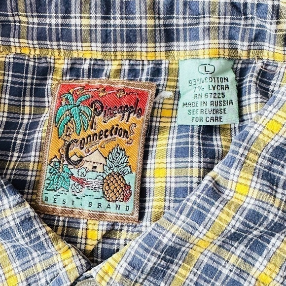 Pineapple Connection Blue Yellow Plaid Camp Shirt Size L - Picture 7 of 9